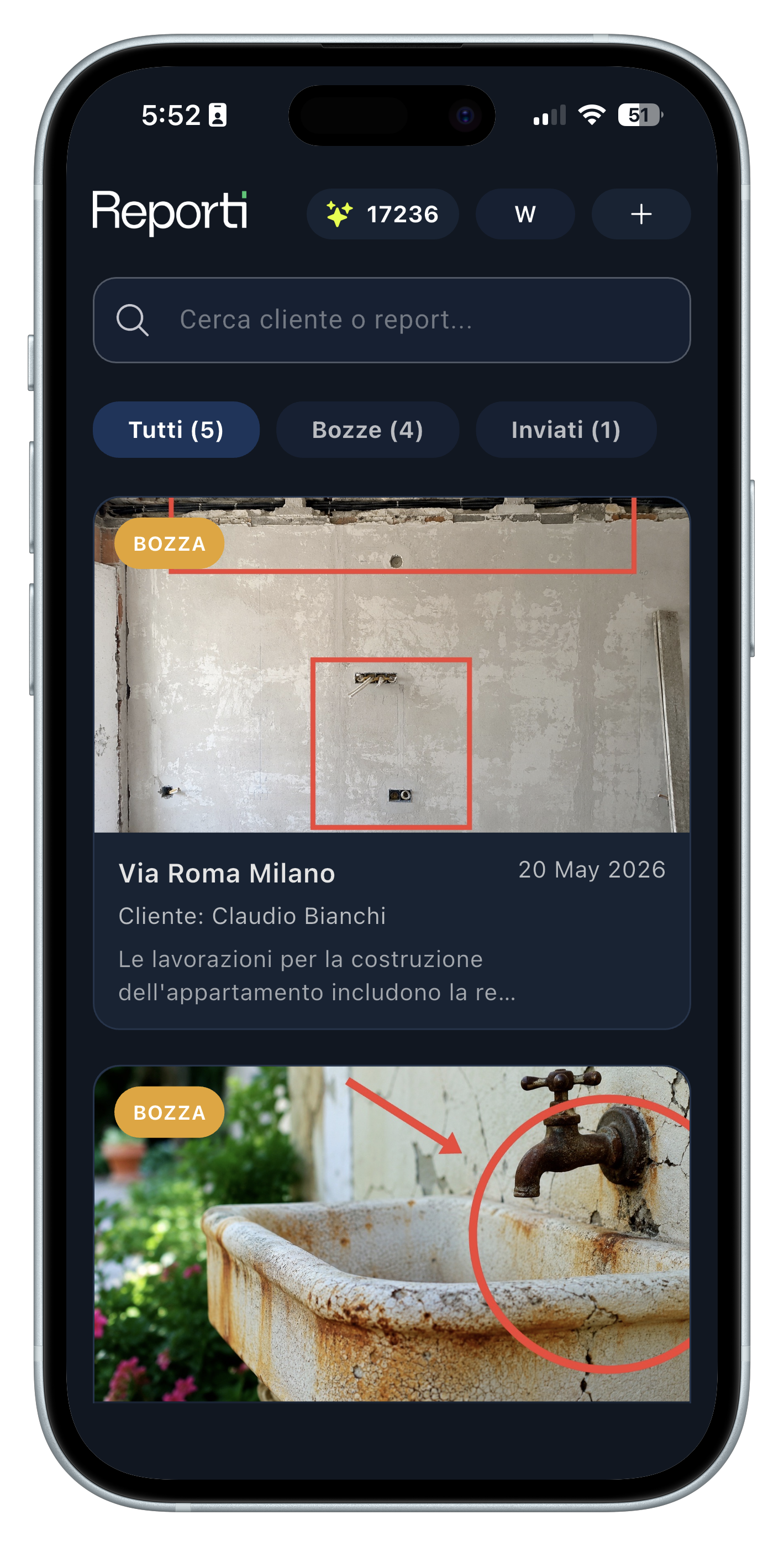 Anteprima reale dell'app Reporti