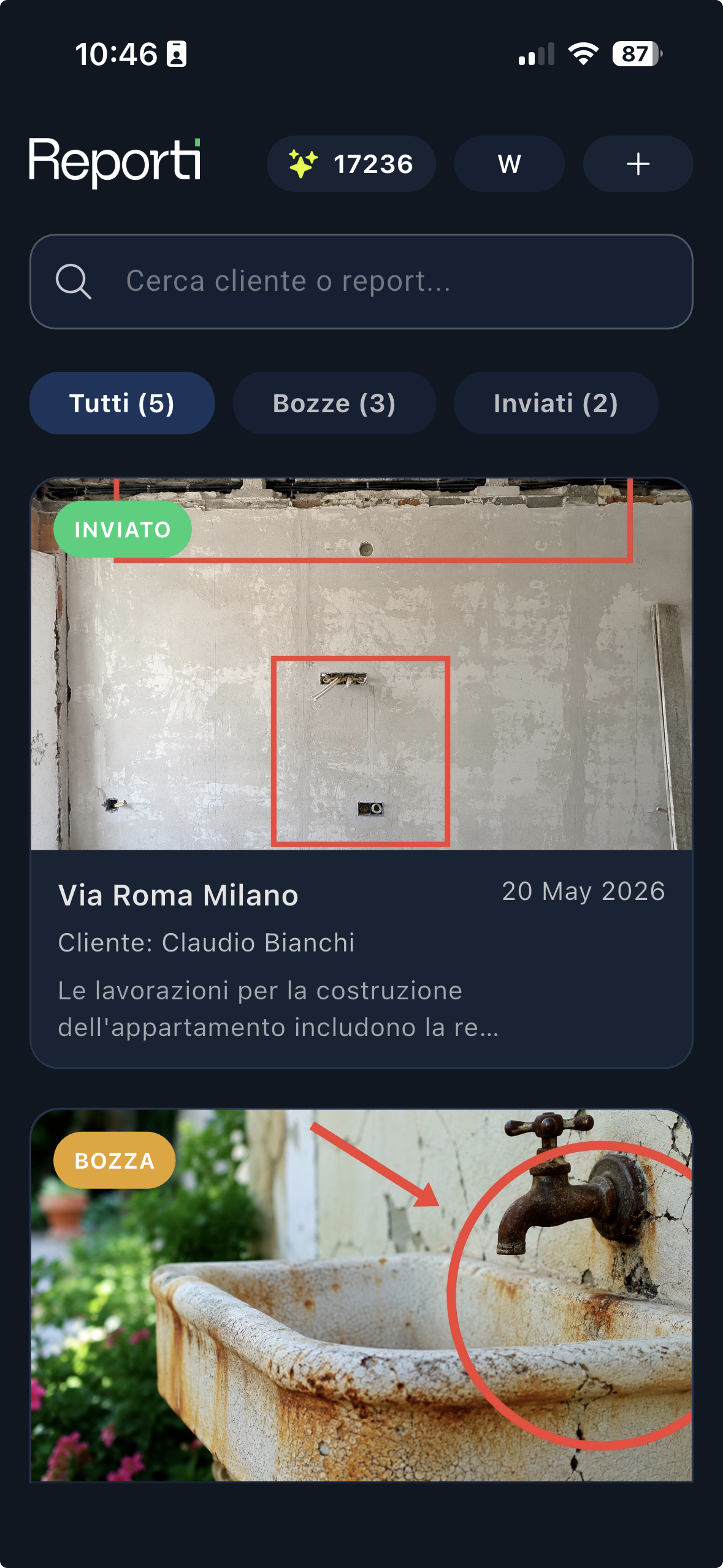 Schermata storico report nell'app Reporti